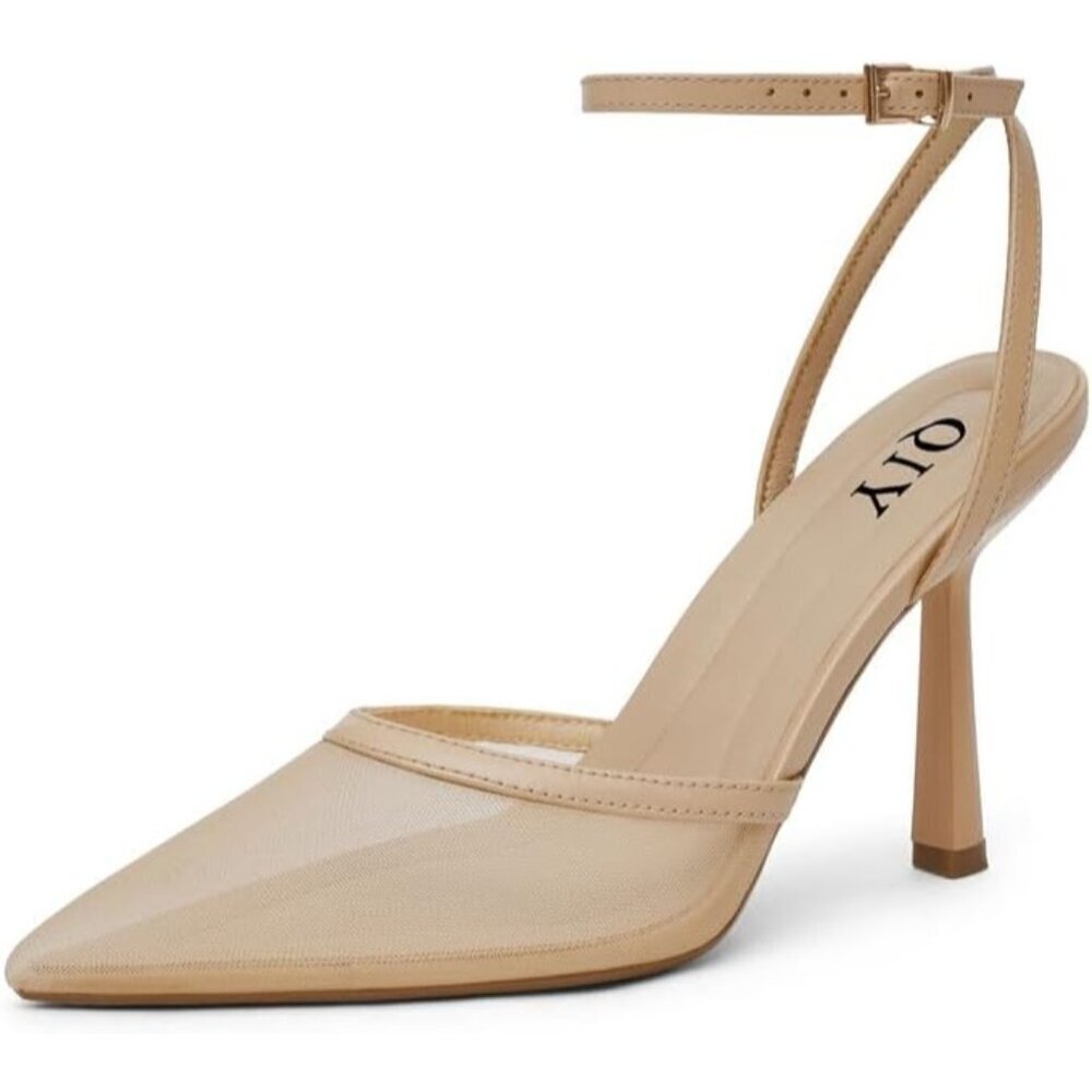 Women Nude Mesh Pumps Stiletto Wedding Dress Closed Toe Ankle Strap Heel Shoes